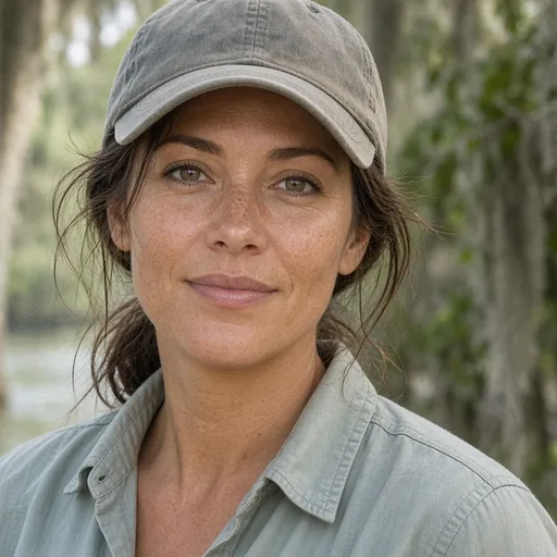 Portrait of Brooke Trailwood in a ball cap and faded sun shirt, with cypress trees along a river behind her