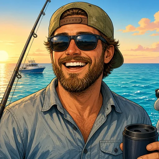 Illustrated portrait of Kevin Keys in a backwards cap and sunglasses, holding a fishing rod and a coffee by the Gulf