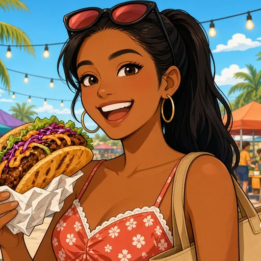 Illustrated portrait of Marina Vega grinning with a giant taco at an outdoor food market