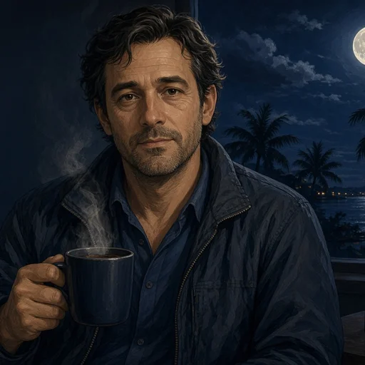 Illustrated portrait of Owen Knight with a coffee mug at a night window, a radio scanner glowing beside him