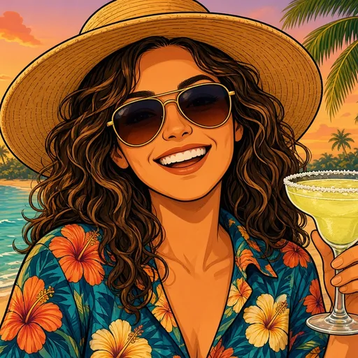 Illustrated portrait of Sandy Shores, the editor, in a straw hat and sunglasses on the beach