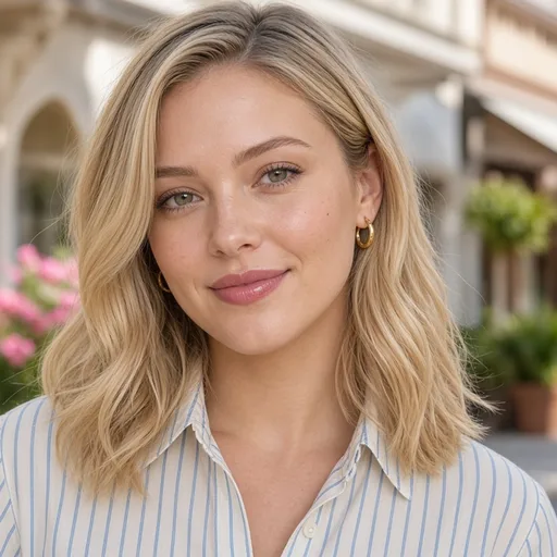 Portrait of Sloane Avery with soft waved blonde hair, gold hoop earrings and a striped button-down shirt