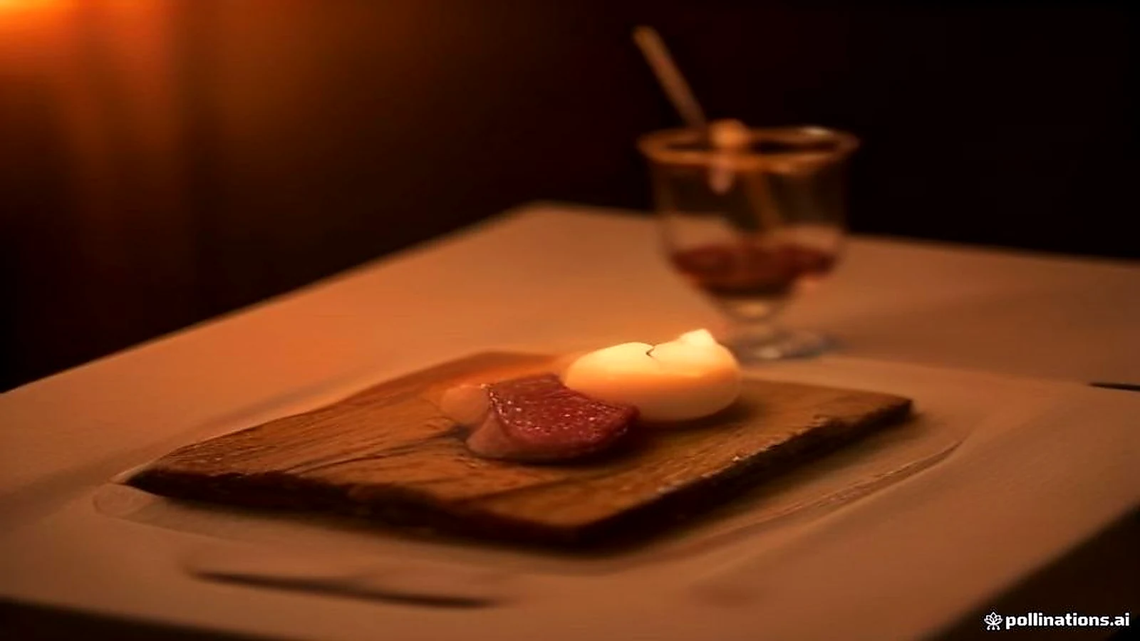 Candlelit close-up of a seared steak slice on a wooden board beside a glass of red wine in warm amber light