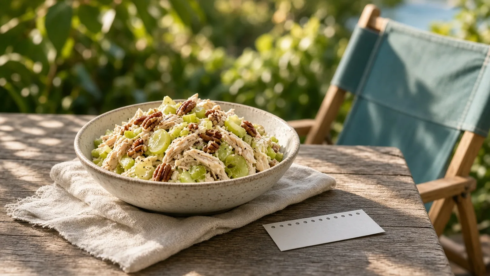 Ceramic bowl of creamy chicken salad with grapes and pecans on a sunny patio table beside a folding beach chair and a small numbered ticket stub