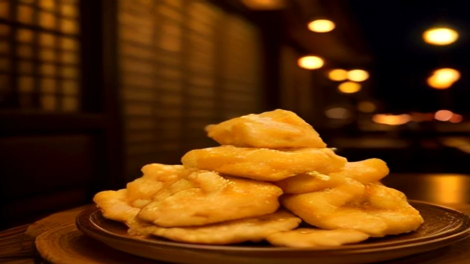 Stack of golden glazed waffle bites on a dark plate on a wooden table at night with warm patio lights