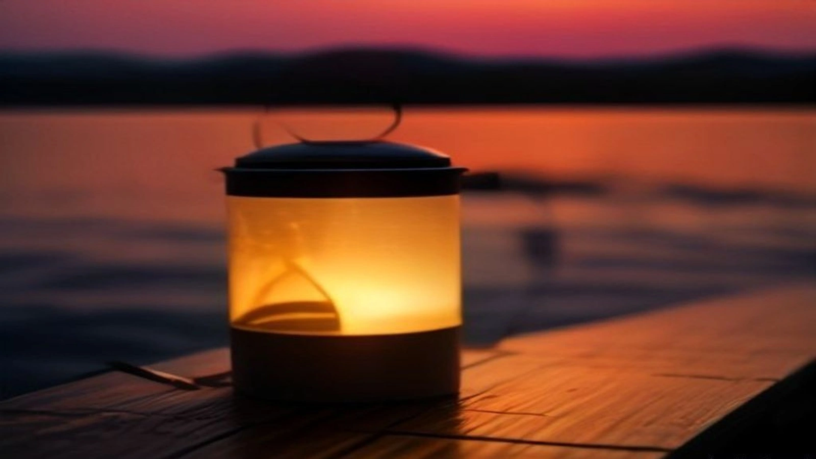 Glowing lantern on weathered dock boards at sunrise over calm teal bay water