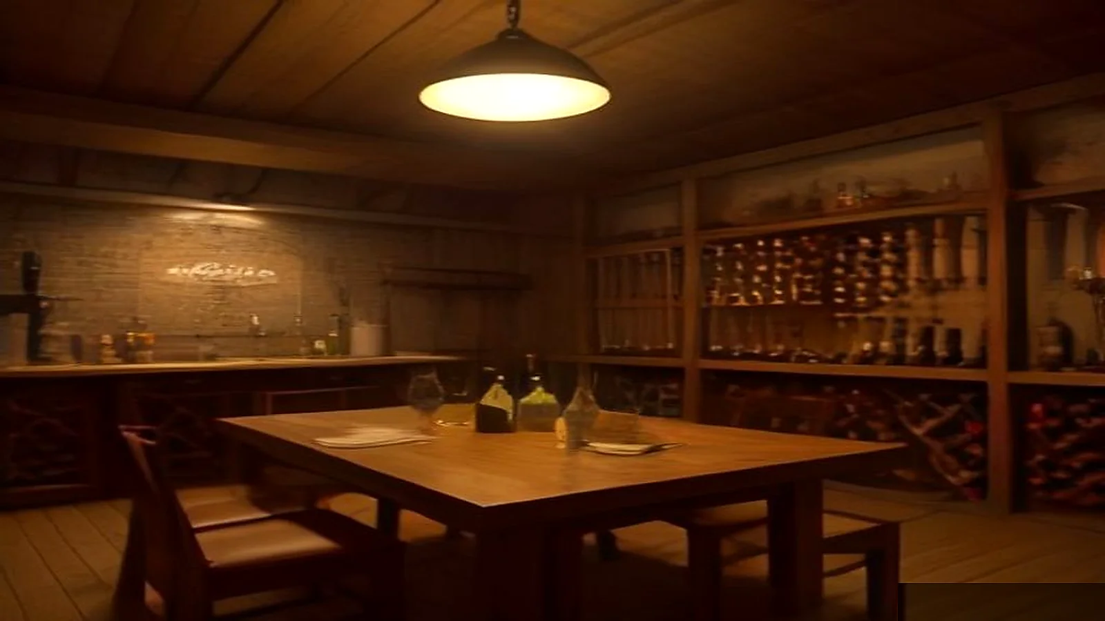 Warm wine cellar tasting table with glasses and a baseball glove cradling one glass among oak bottle racks