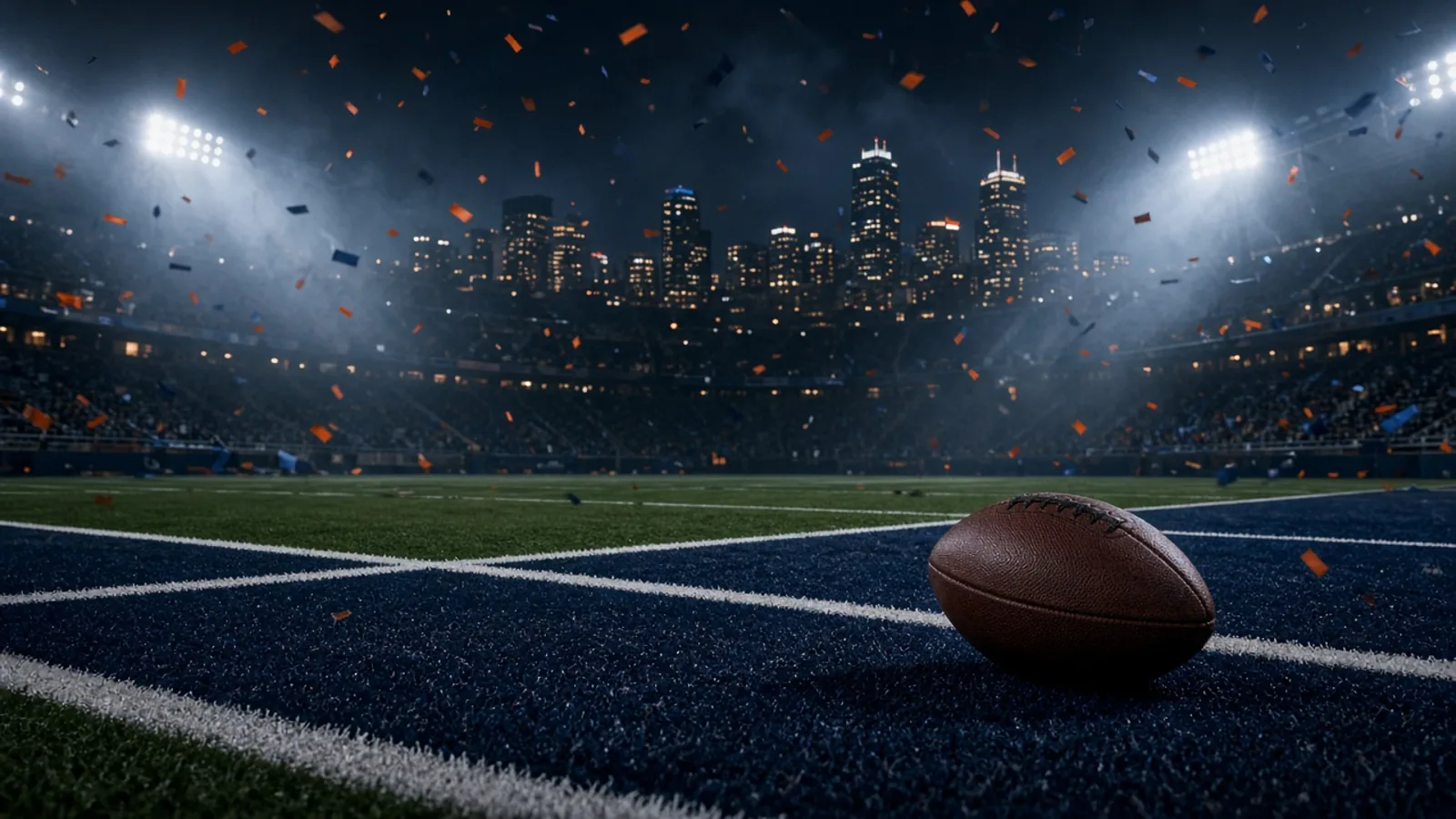 A football resting on the grass of a night-lit stadium field, blue and orange confetti drifting down under bright floodlights and a city skyline