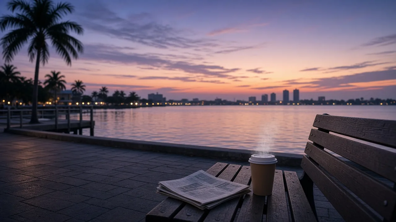 Pre-dawn waterfront bench with a coffee cup and folded newspaper overlooking a calm Florida bay