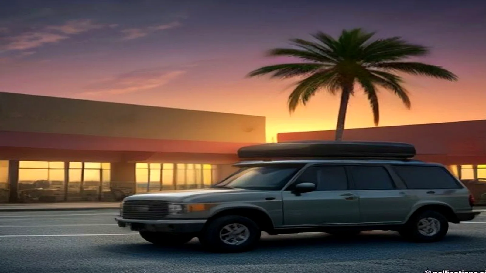 SUV with roof cargo box parked by a palm tree at golden hour on a quiet Florida street