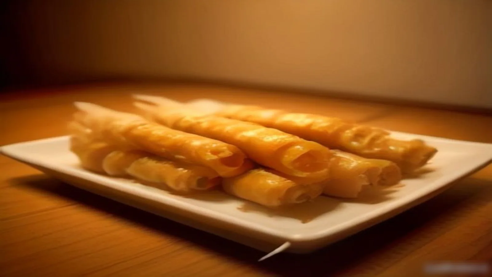 Stack of golden crispy spring rolls on a white plate in warm editorial light