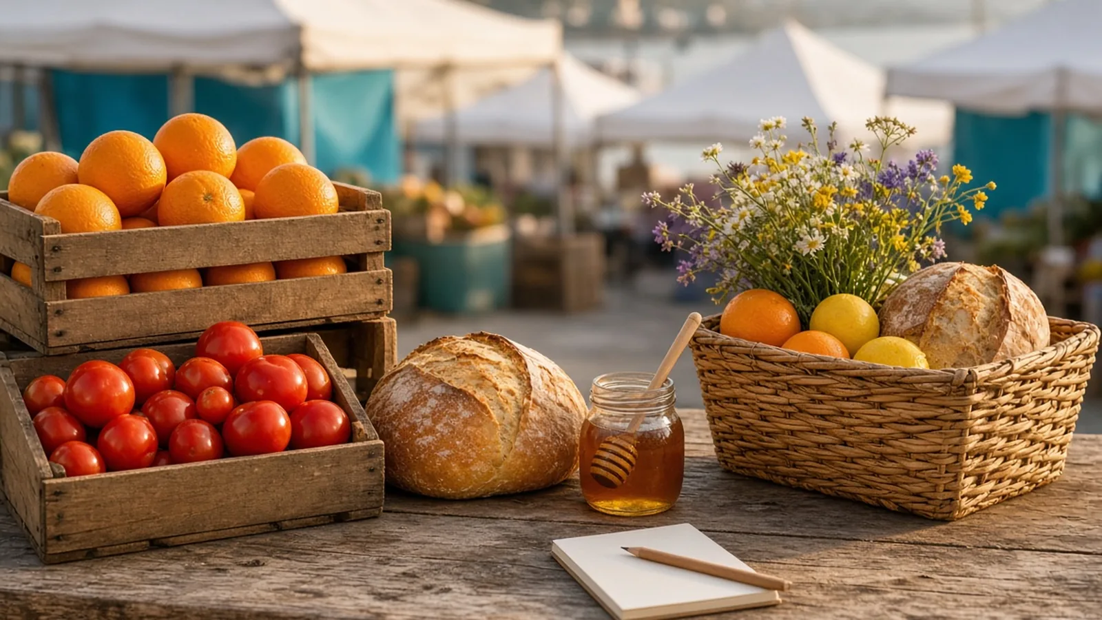 Market table with tomato and orange crates, bread, honey, flowers, and a blank notepad