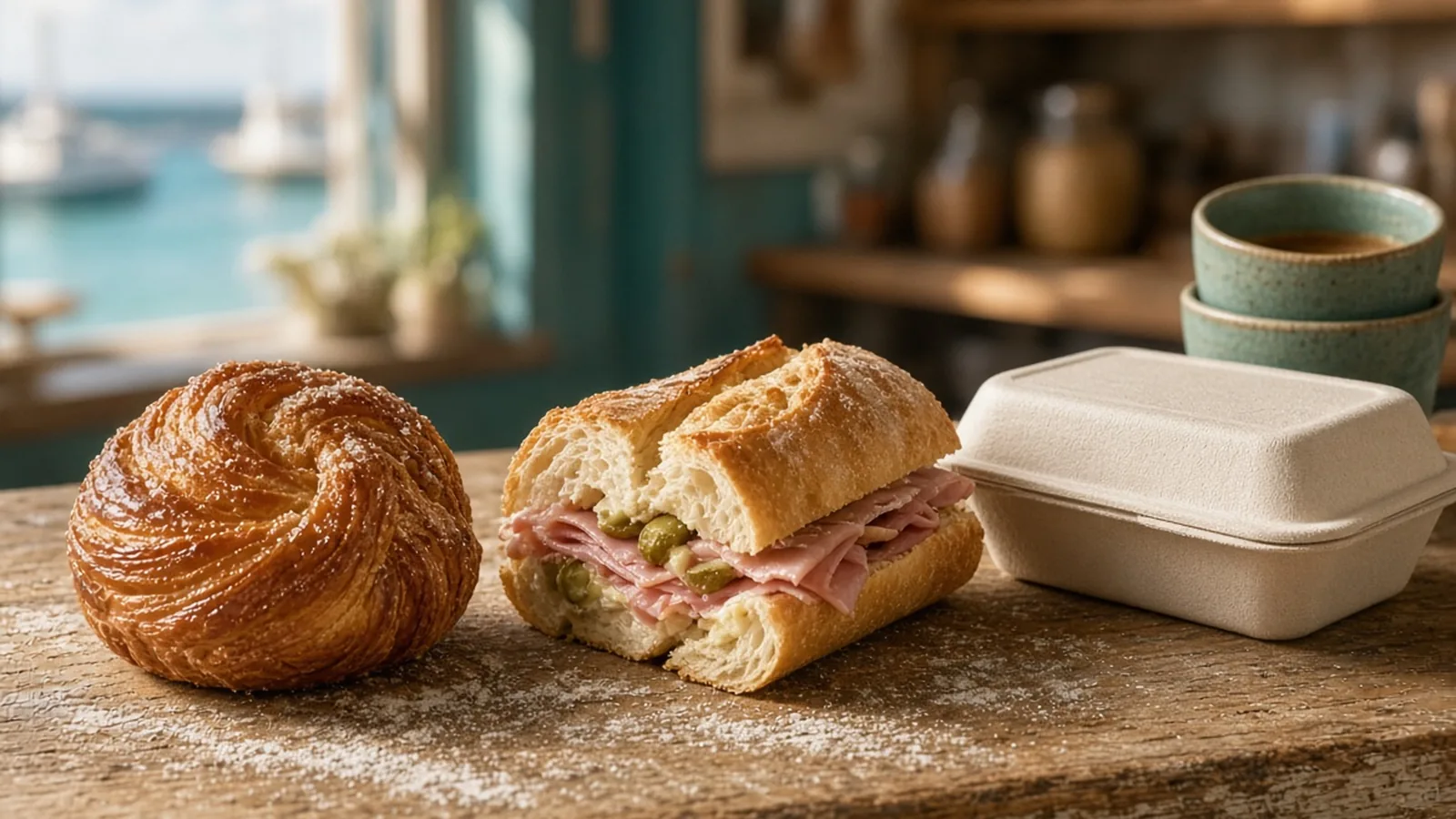 Golden flaky pastry and baguette sandwich beside a takeout dinner carton on a warm café counter