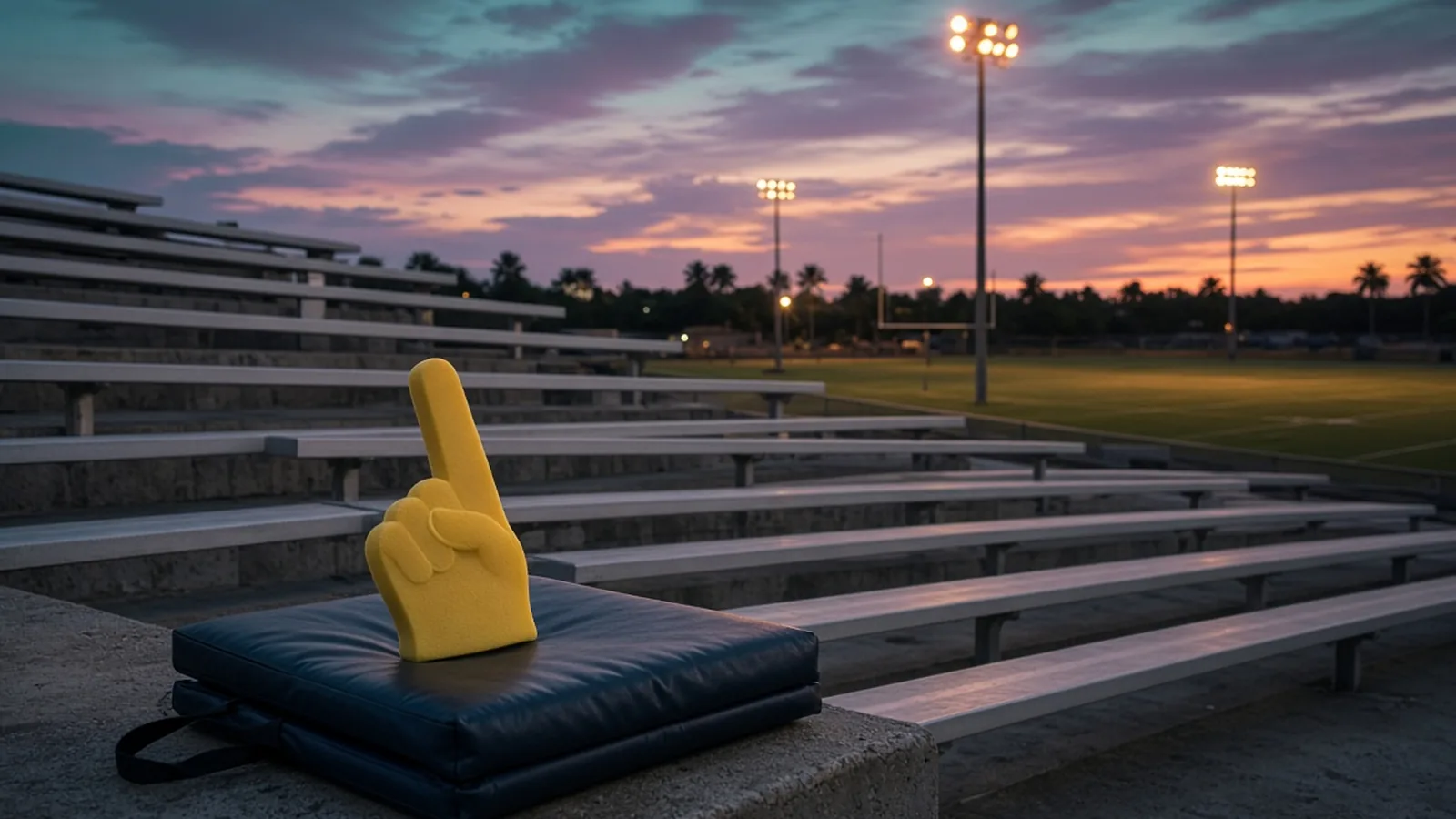 Empty Florida high school stadium at dusk with glowing lights and a lone foam finger on the bleachers