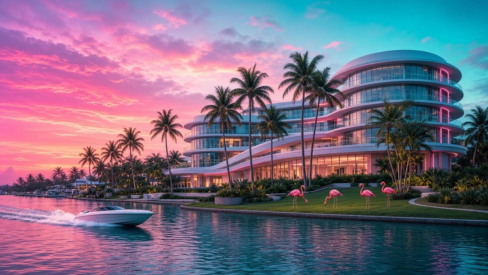 Futuristic glass and white-stucco campus building on a Miami waterfront at a pink and teal neon sunset with palm trees, a white speedboat and flamingos