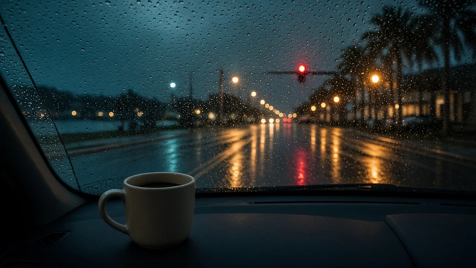 White coffee mug on a dark dashboard looking through raindrops at a wet night street with amber lights