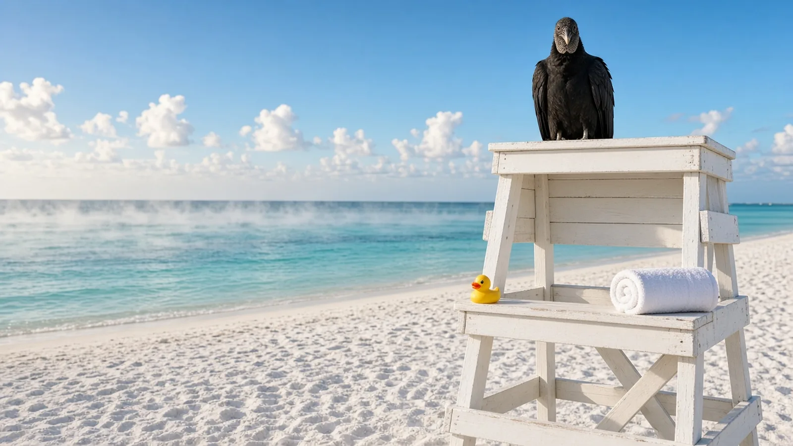 A black vulture perched atop an empty white lifeguard stand on a white quartz sand beach, with a rolled towel and a rubber duck on the stand and steam rising off the turquoise Gulf behind it