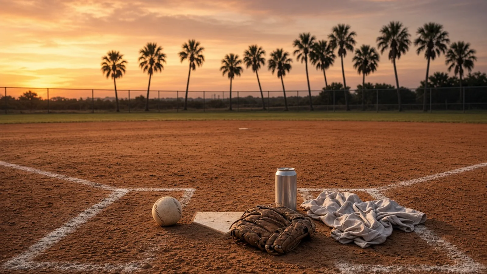 Softball and worn glove on home plate at a Gulf Coast diamond at sunset, beer can nearby