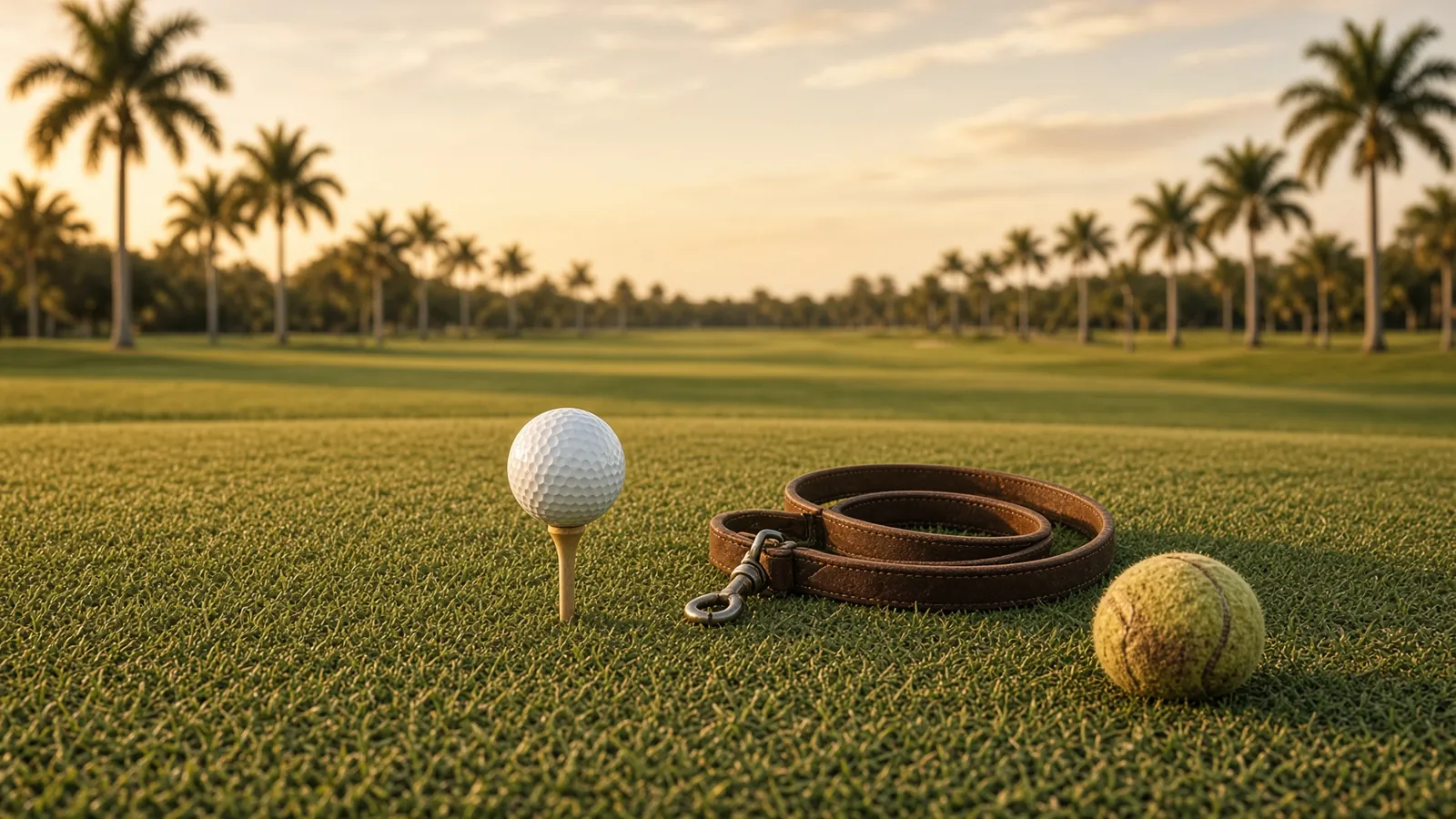 Golf ball and empty dog leash on a tee box at golden hour with fairway and palms behind