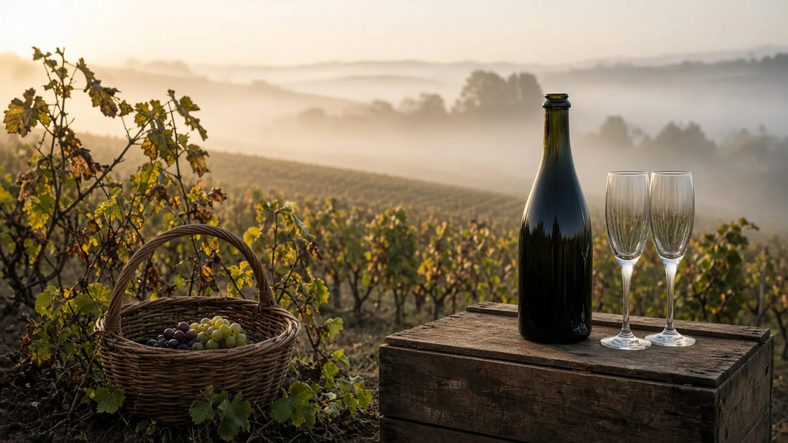 Half-full wicker harvest basket on a vine in a misty Champagne vineyard at dawn, with a bottle and two flutes on a wooden crate