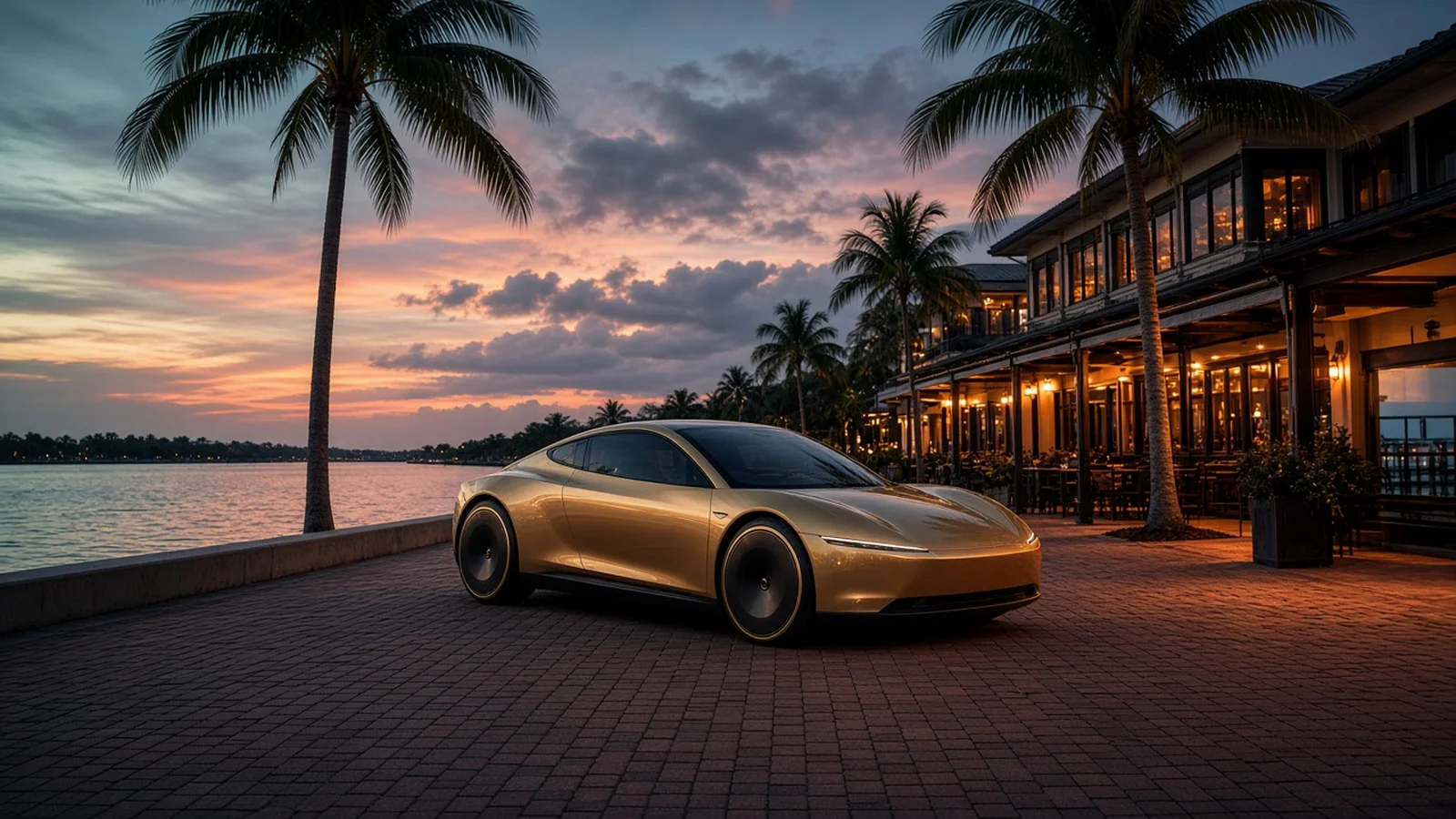 Sleek gold two-seat driverless car with no steering wheel parked at dusk under palm trees outside a Sarasota waterfront restaurant
