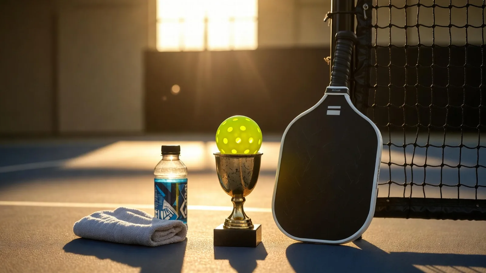 Yellow pickleball sitting in a small gold trophy cup on an indoor court beside a paddle and net