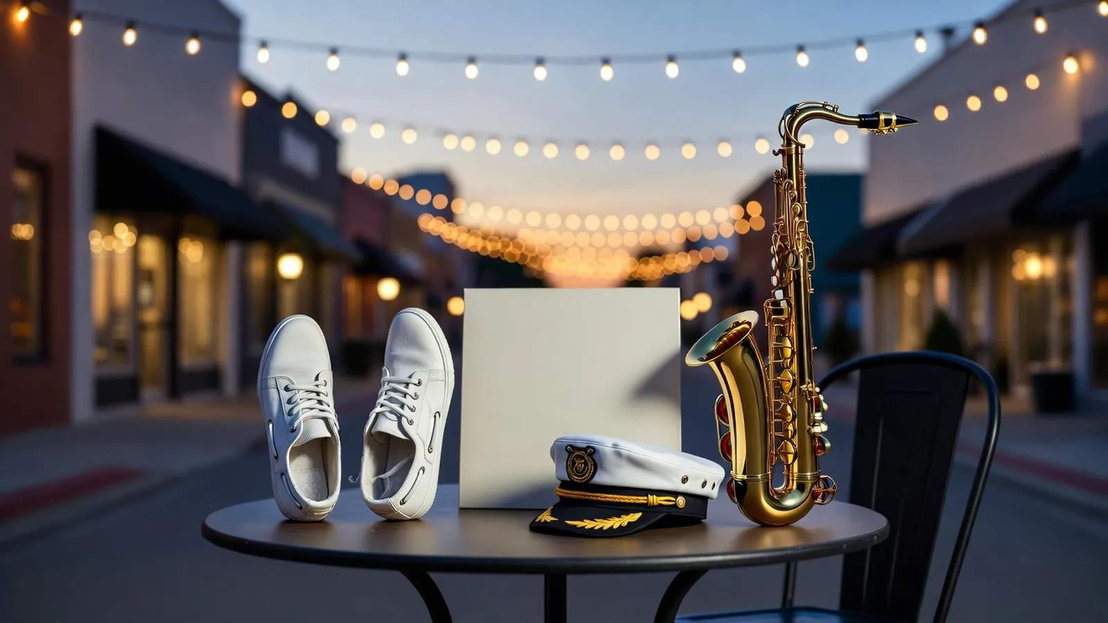 Boat shoes, captain hat, and saxophone on a cafe table under warm Main Street dusk lights