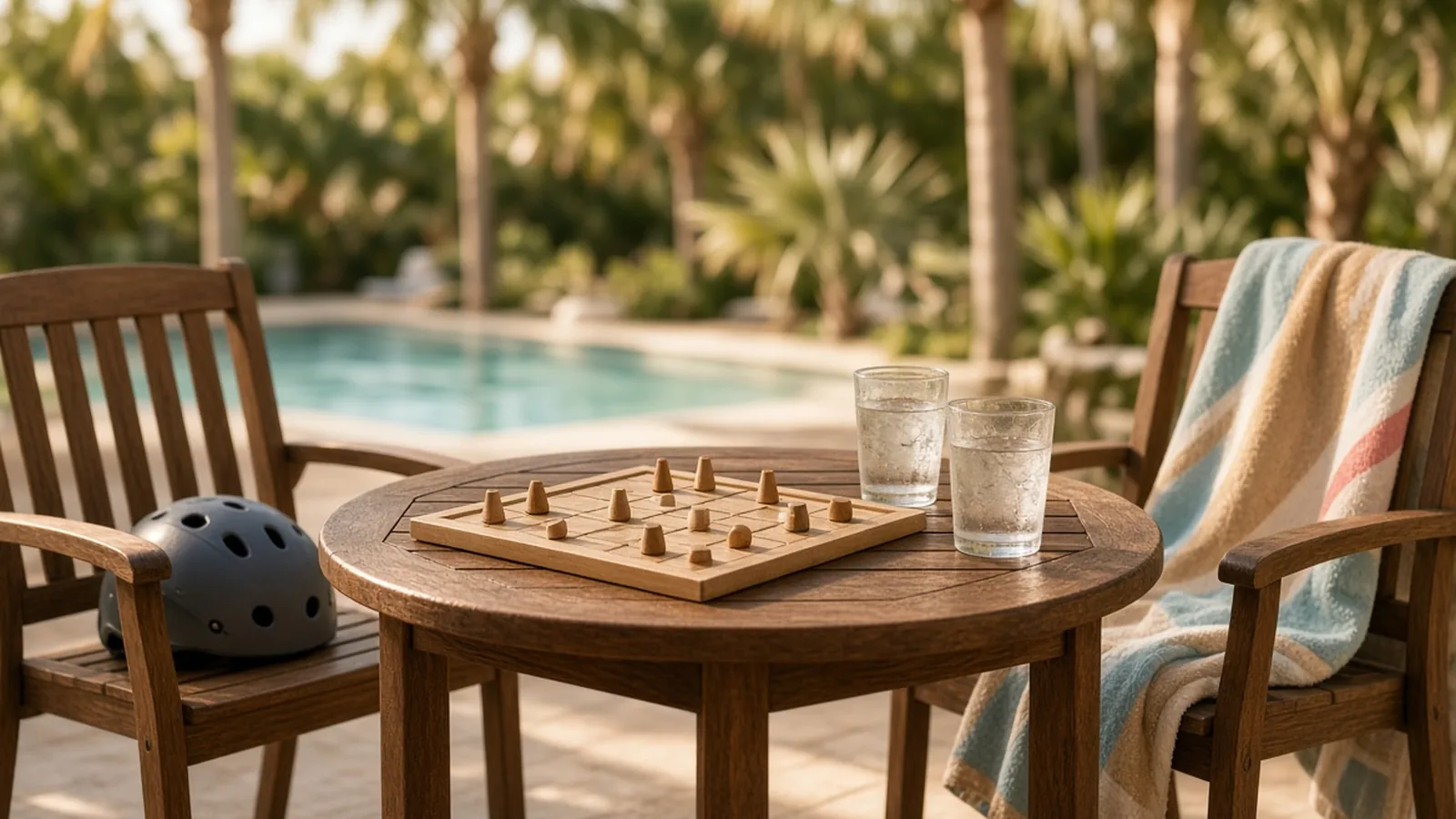 Outdoor table with board game, bike helmet, and two empty iced drinks in warm coastal light