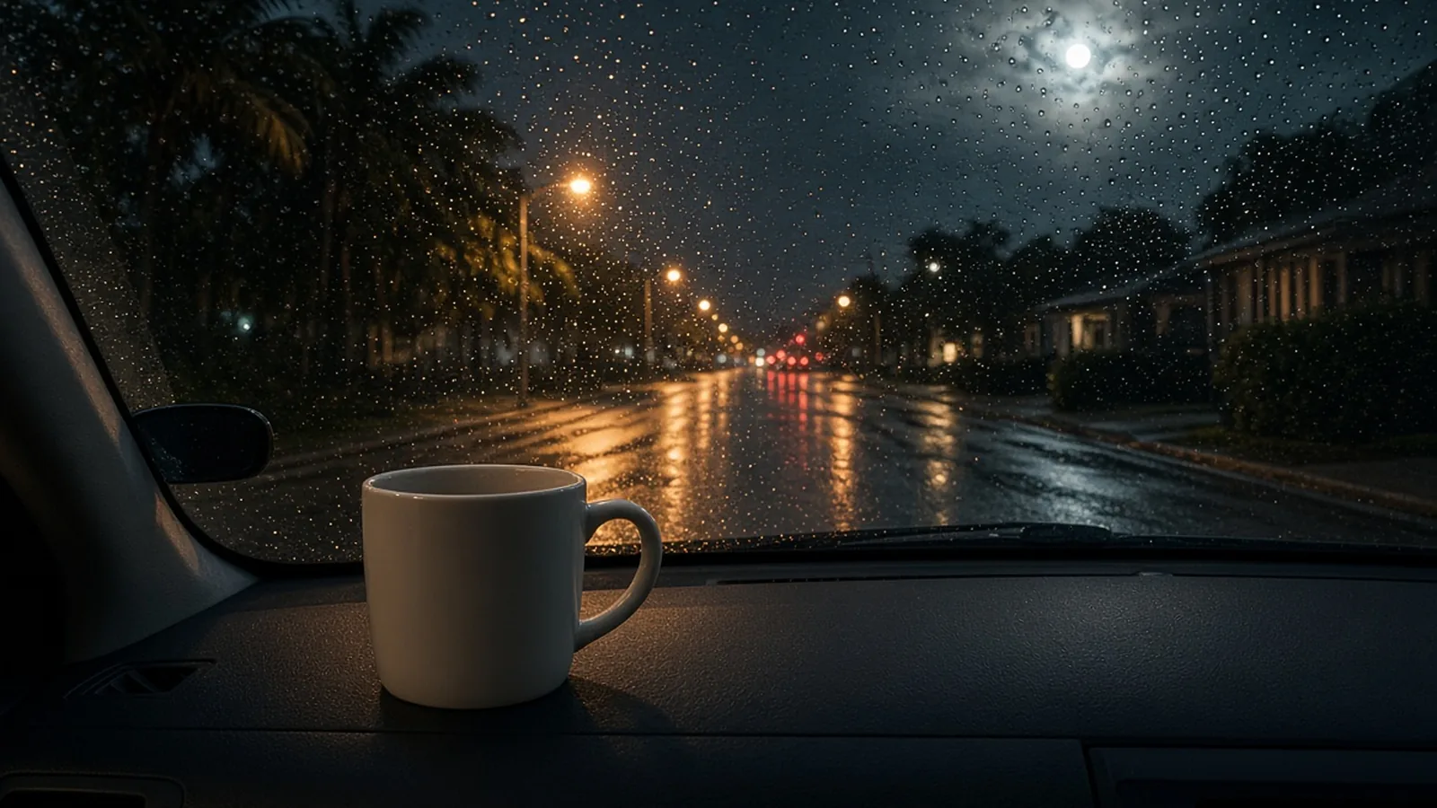 Coffee cup on a dark dashboard looking out at wet asphalt and soft amber streetlights at night