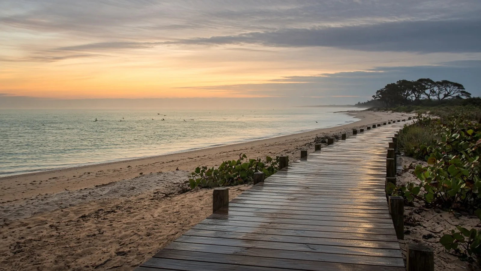 Quiet Gulf Coast boardwalk at sunrise with calm water, soft gold light and seabirds over the horizon