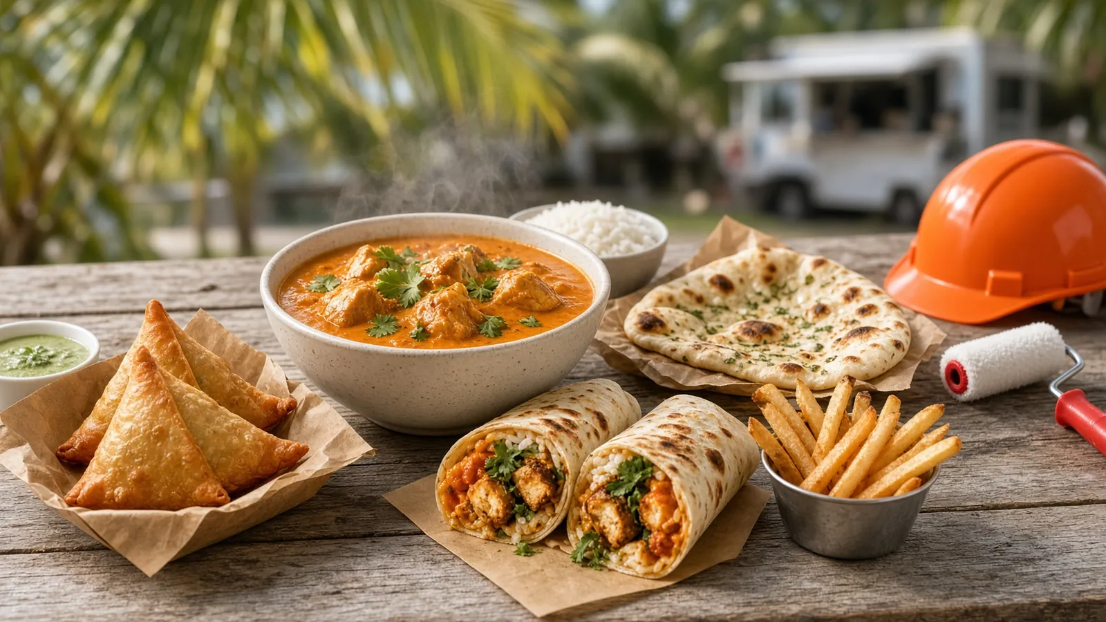 Butter chicken curry bowl, golden samosas and a cut wrap on a sunlit outdoor table with a hard hat at the edge