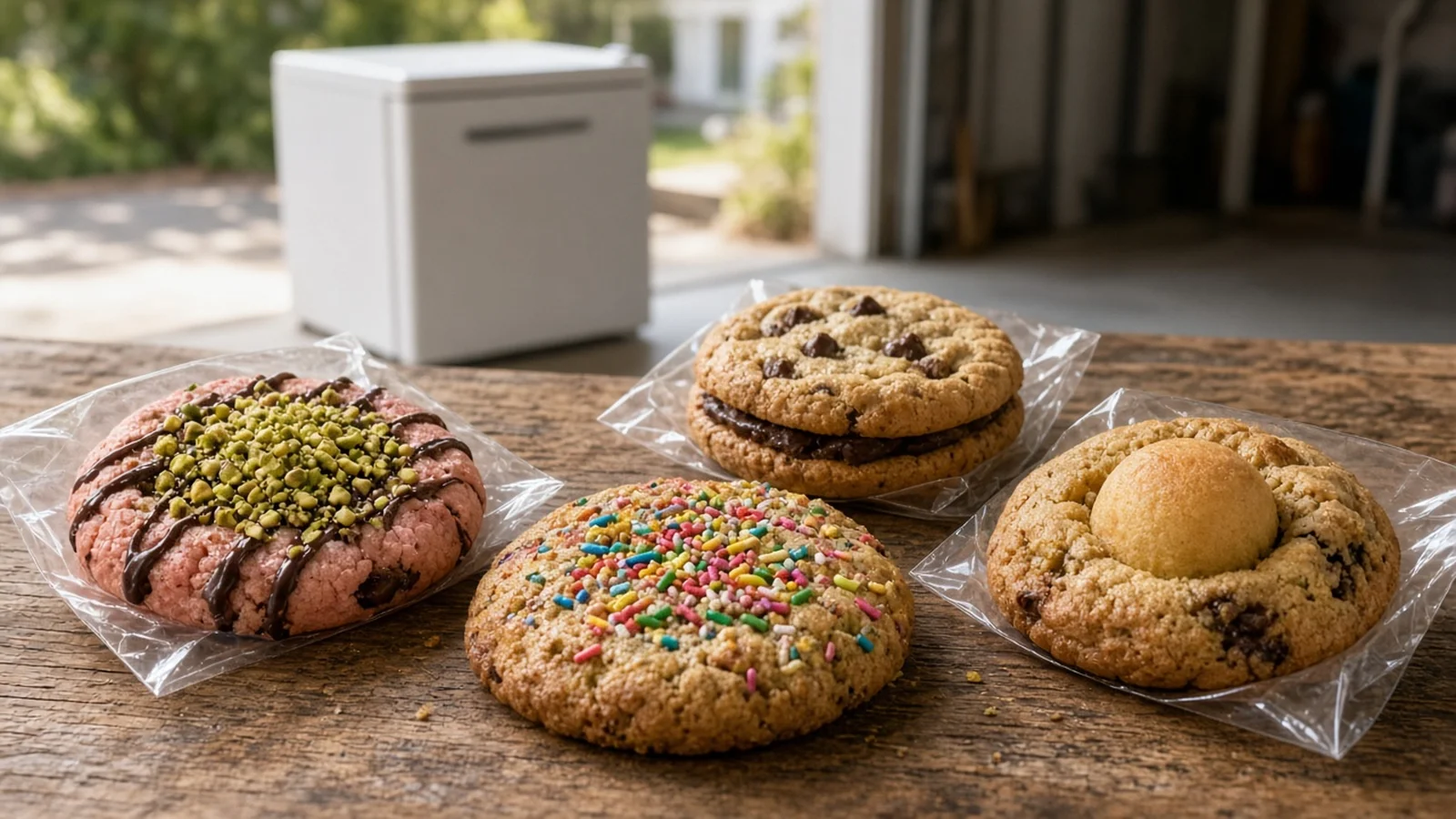 A rustic table of stuffed bakery cookies in clear bags, including a pink pistachio-topped cookie and a rainbow sprinkle cookie, with a mini fridge softly out of focus behind