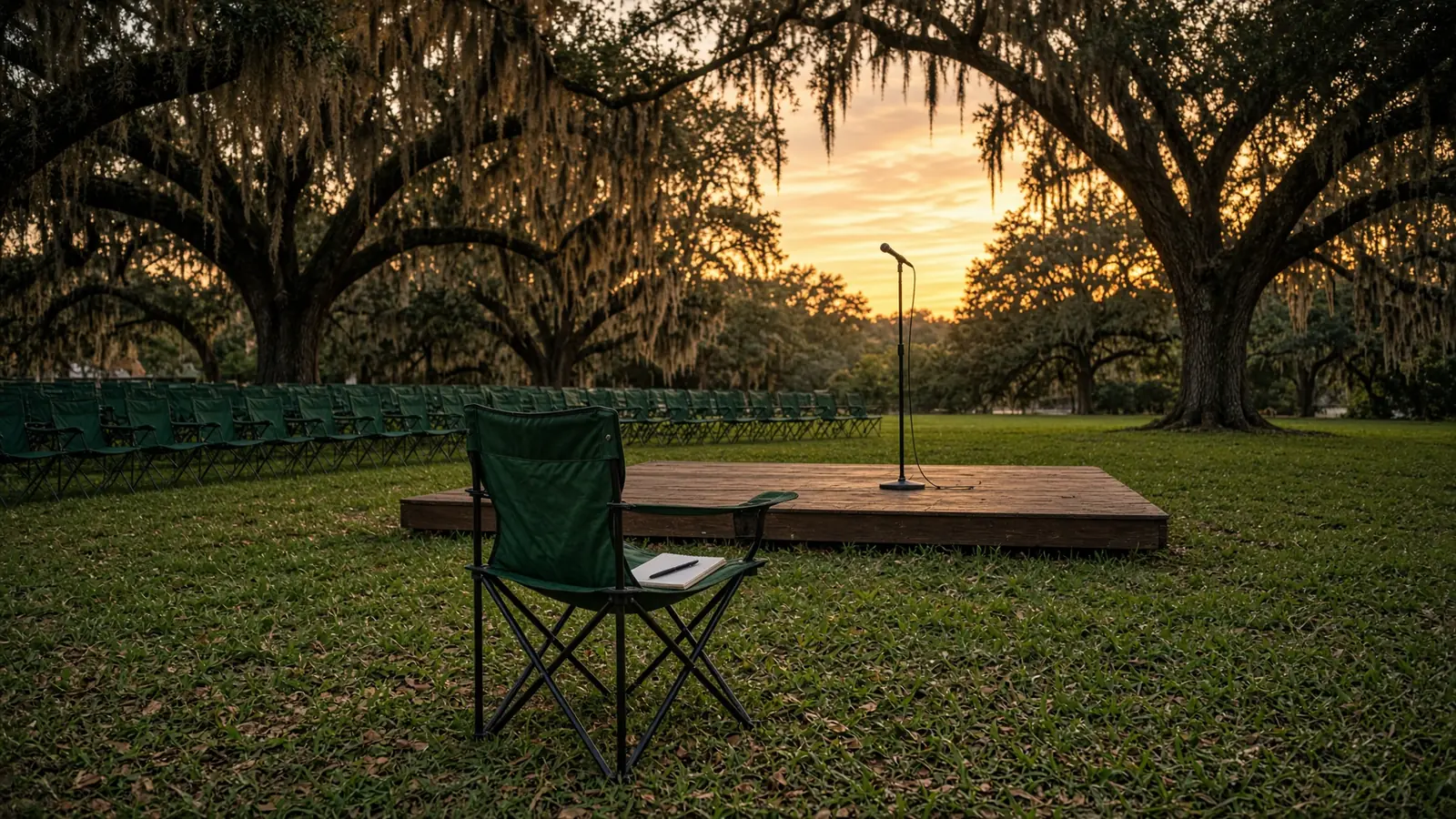 Empty folding chair and mic stand on a Florida park amphitheater stage at golden hour