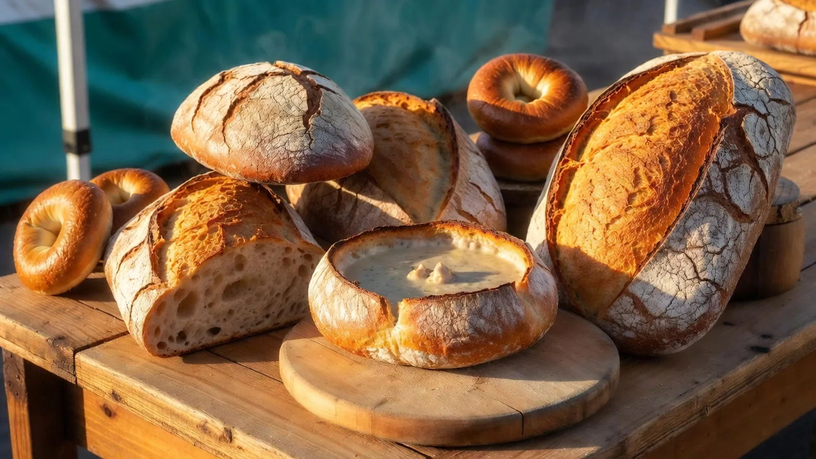 Crackling sourdough loaves and bagels on a wooden market table with a bread-bowl of chowder in warm morning light
