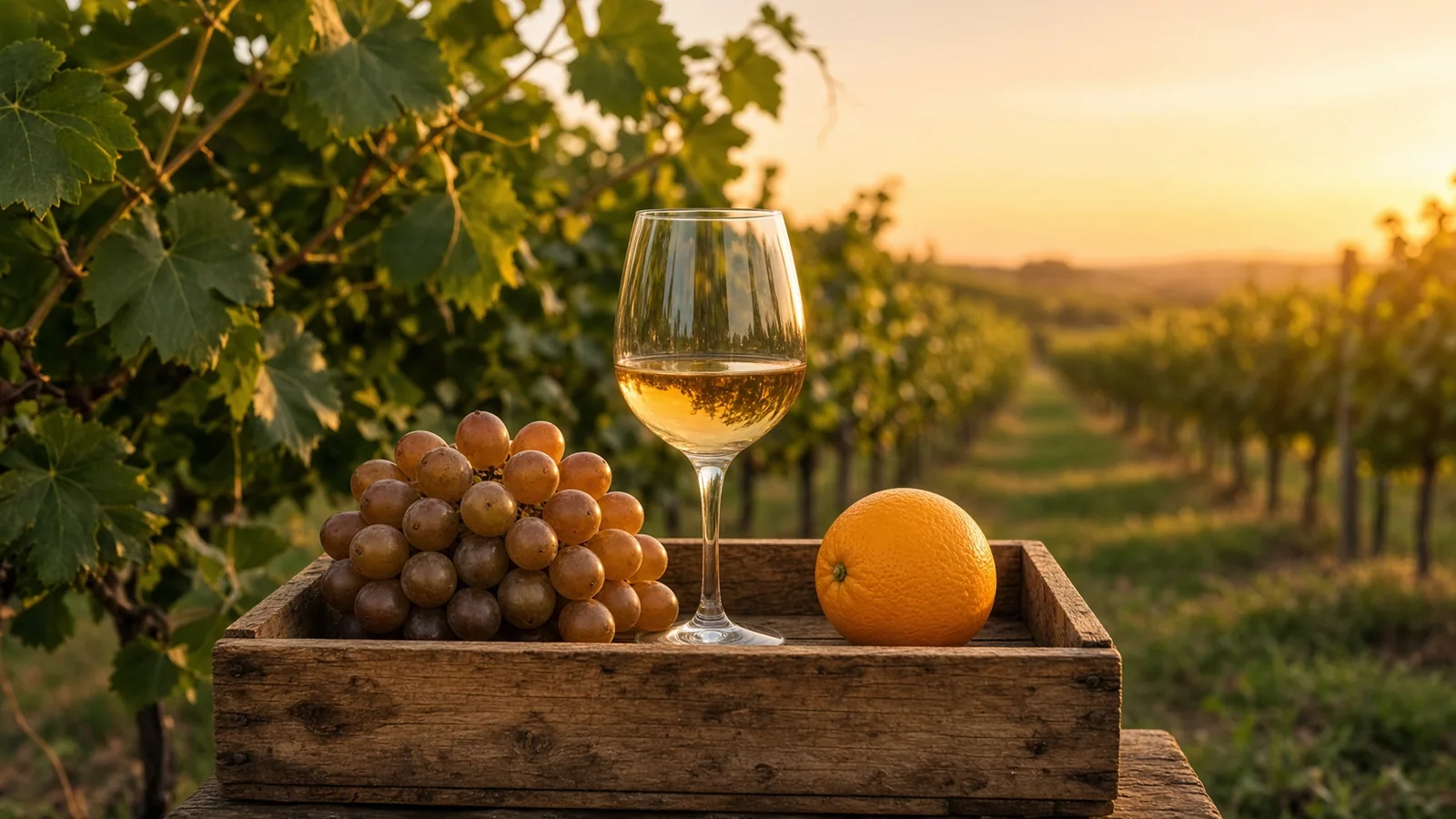 Wine glass and muscadine cluster on a wooden crate beside a lone orange in a Florida vineyard at golden hour