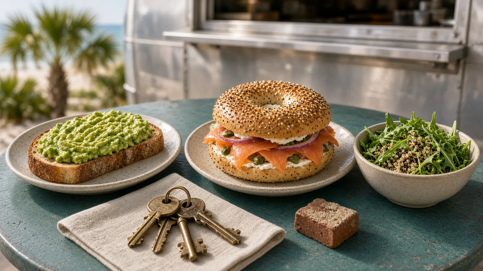 Hand-mashed avocado on fresh sourdough and a Nova bagel sandwich on a sunlit outdoor table beside a food-trailer window