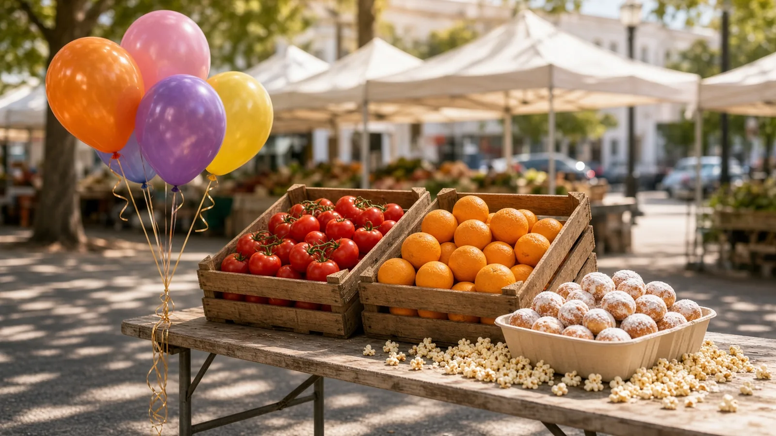Folding market table with produce crates, mini donuts, and birthday balloons under warm Saturday morning light