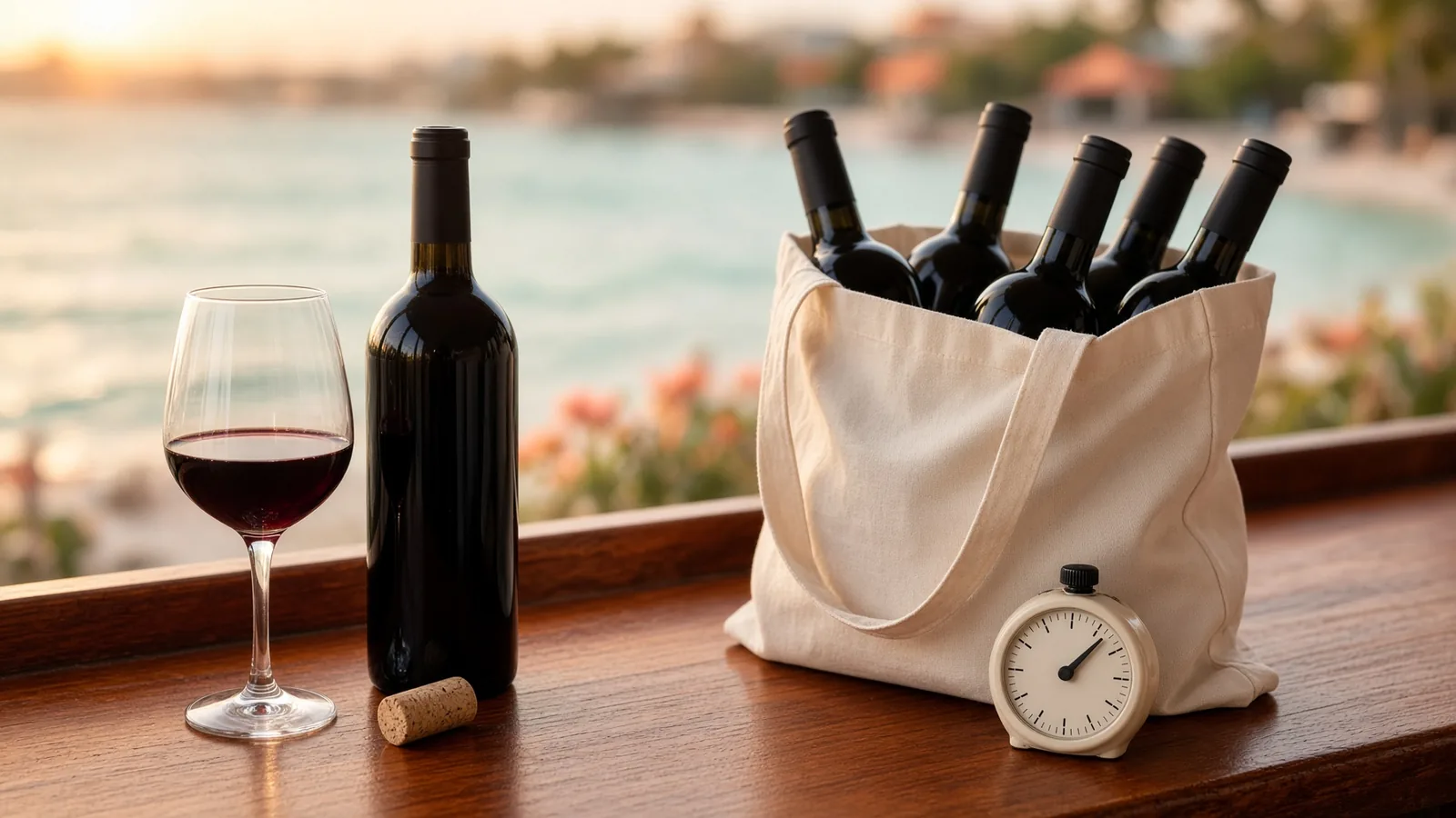 Wine glass and open bottle on a wooden bar with a shopping tote of bottles waiting beside a still-ticking clock