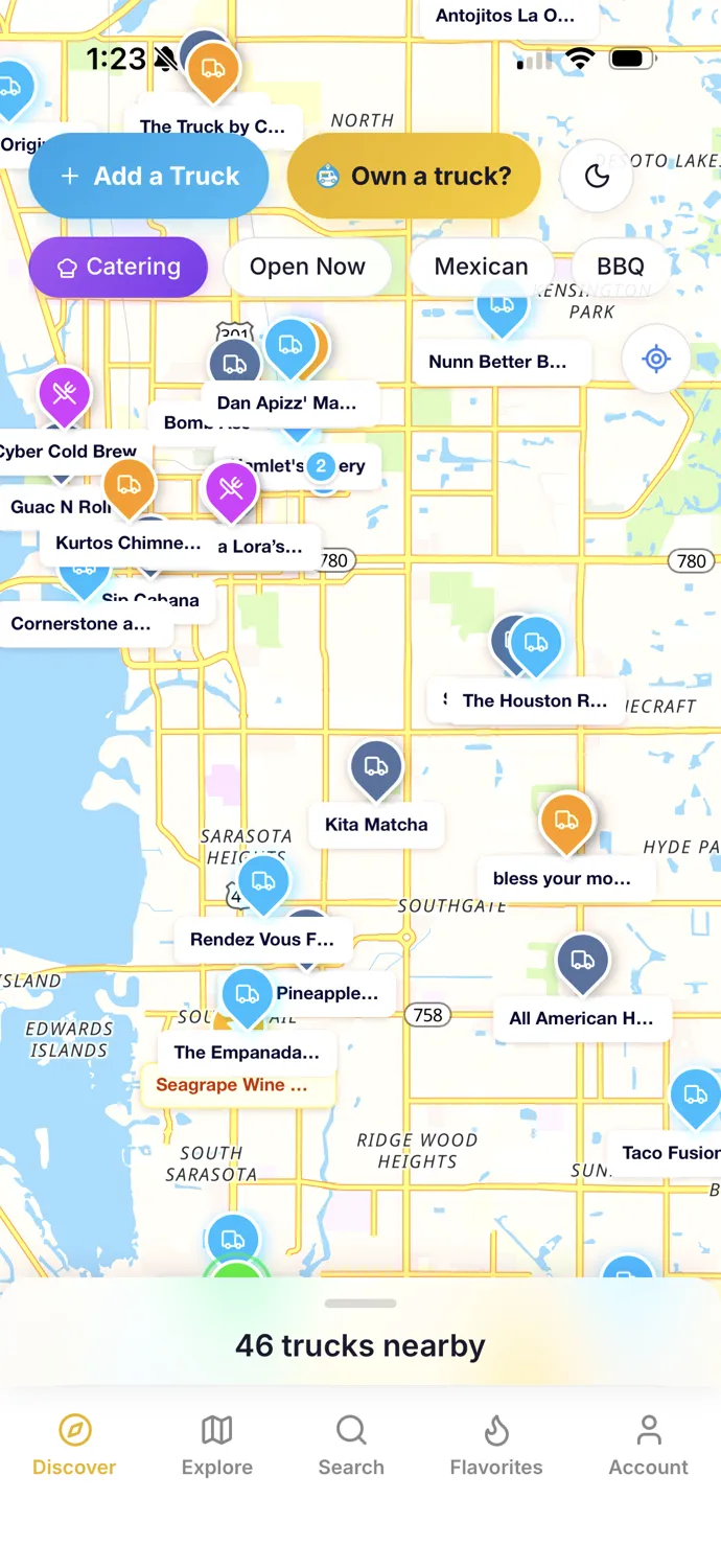The FoodTrukt map of Sarasota, with 46 trucks nearby