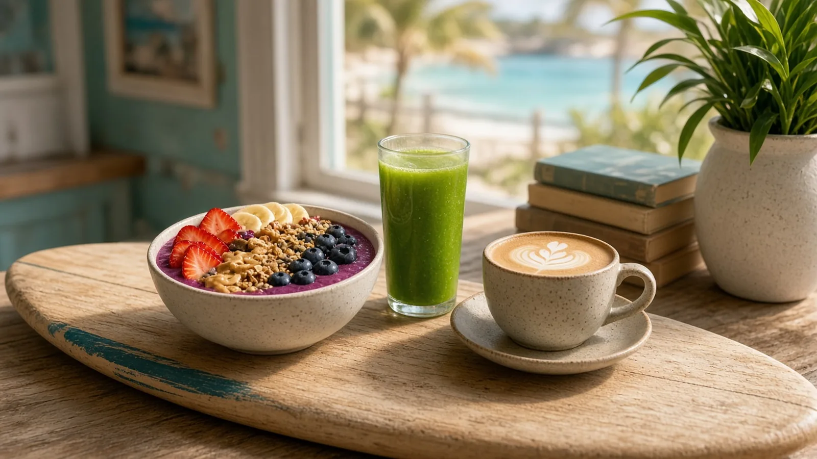 Açaí bowl with fruit and granola, green juice and coffee on a sunlit surfboard table beside books and a plant