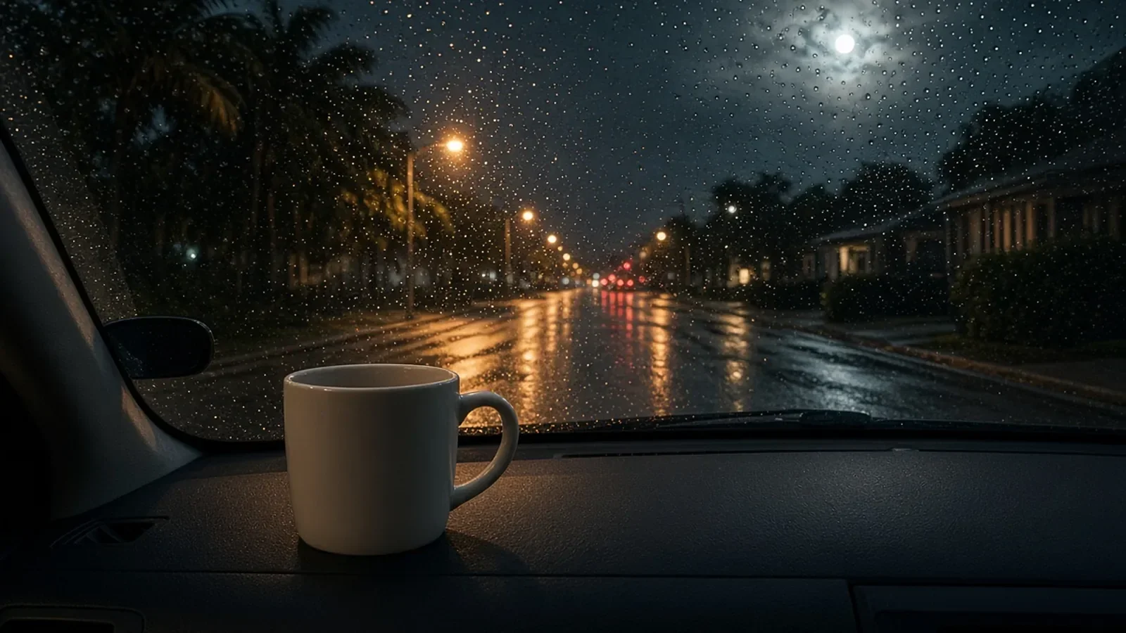Coffee cup on a dark dashboard looking out at wet asphalt and soft amber streetlights at night