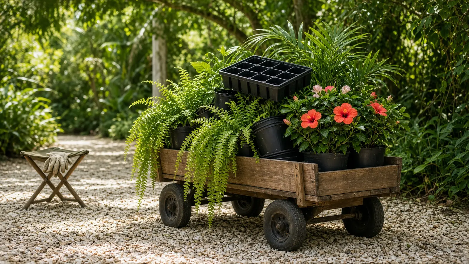 Wooden garden wagon overflowing with potted tropical plants and an empty nursery tray on a gravel garden path