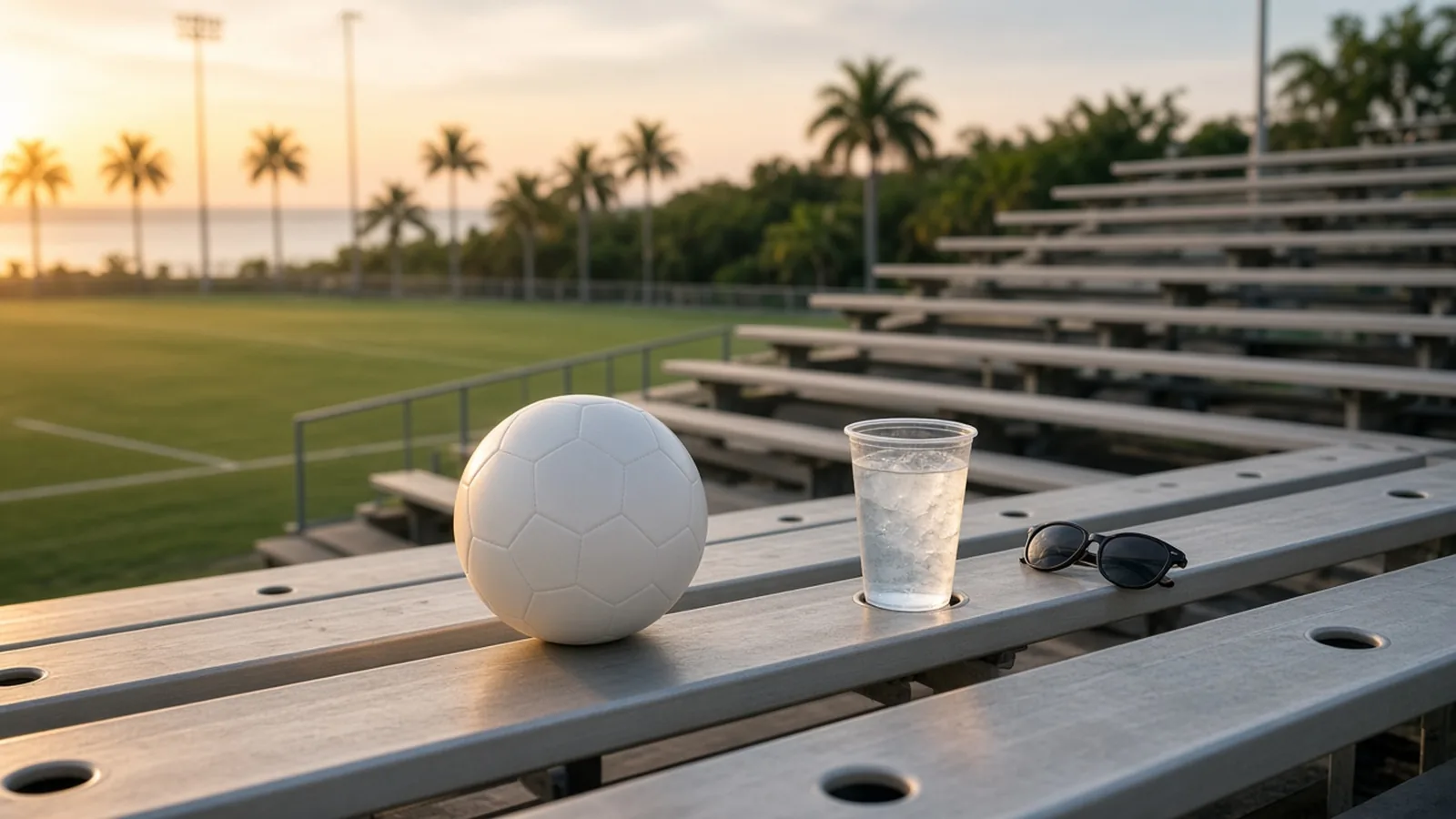 White soccer ball sitting alone on empty bleachers beside a cold drink at an open-air stadium