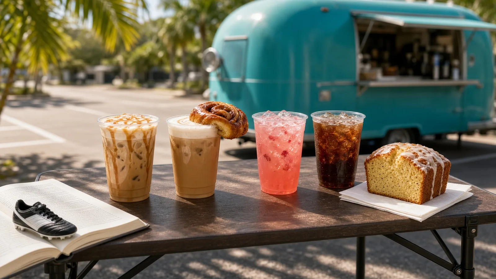 Iced lattes, pink lemonade, cold brew and lemon loaf on a sunlit table beside a teal coffee trailer, with a tiny soccer cleat on an open book