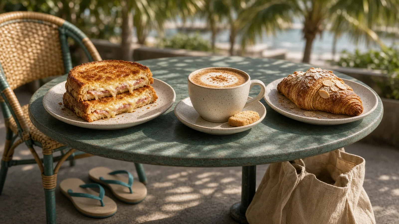 Croque monsieur, almond croissant and crumb-dusted latte on a sunlit outdoor cafe table with flip-flops and a sandy tote