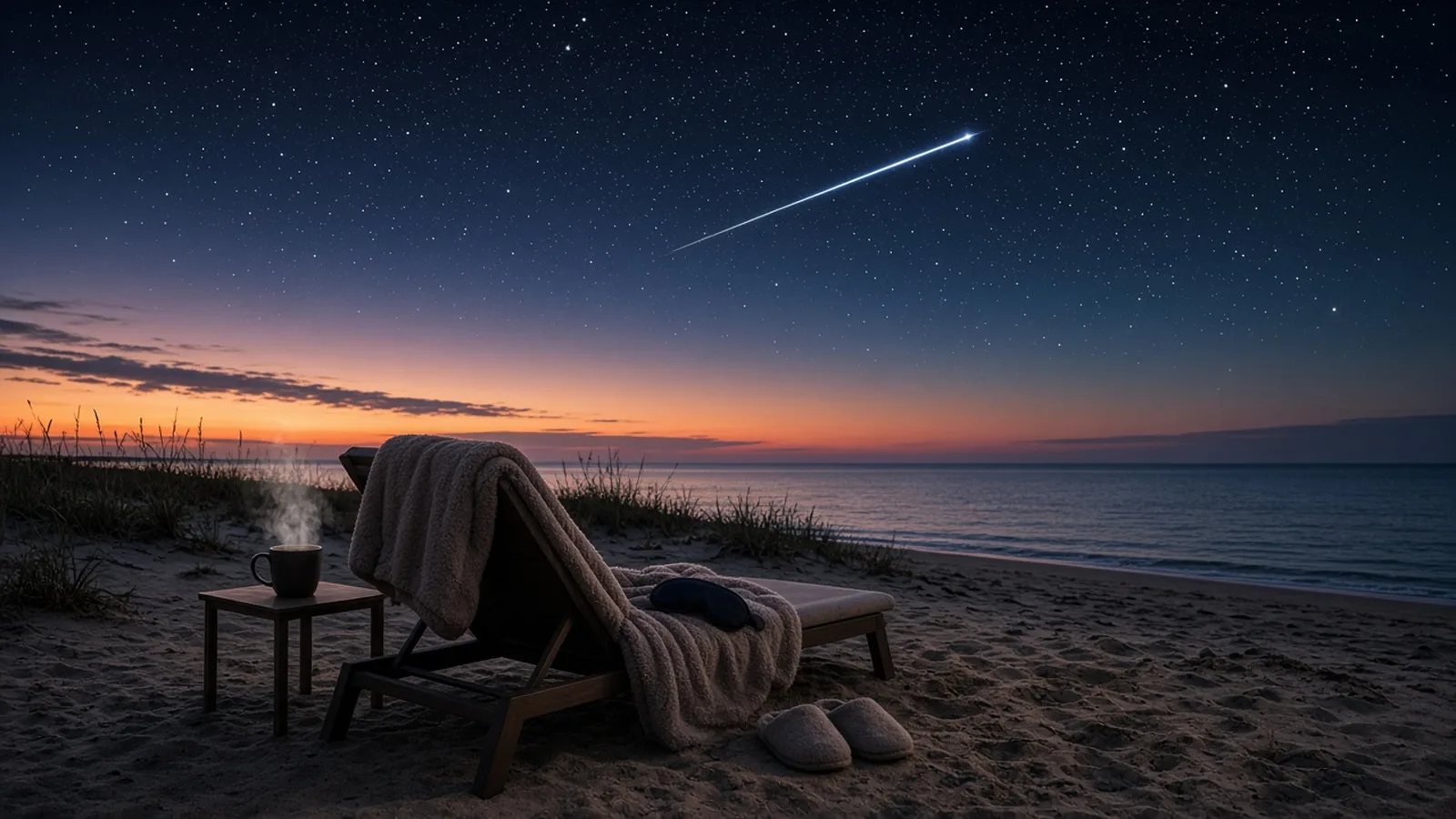Beach lounge chair draped with a fuzzy robe, slippers and a mug of tea on the sand under a starry sky with a meteor streak