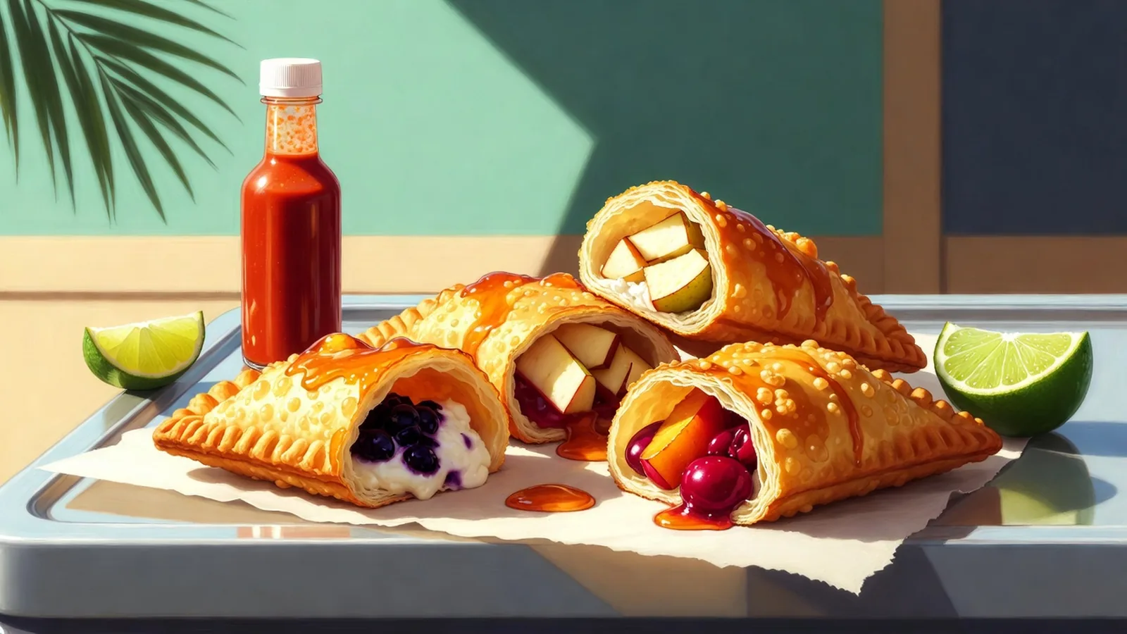 Glazed fruit fried hand pies on parchment beside unused hot sauce and lime wedges