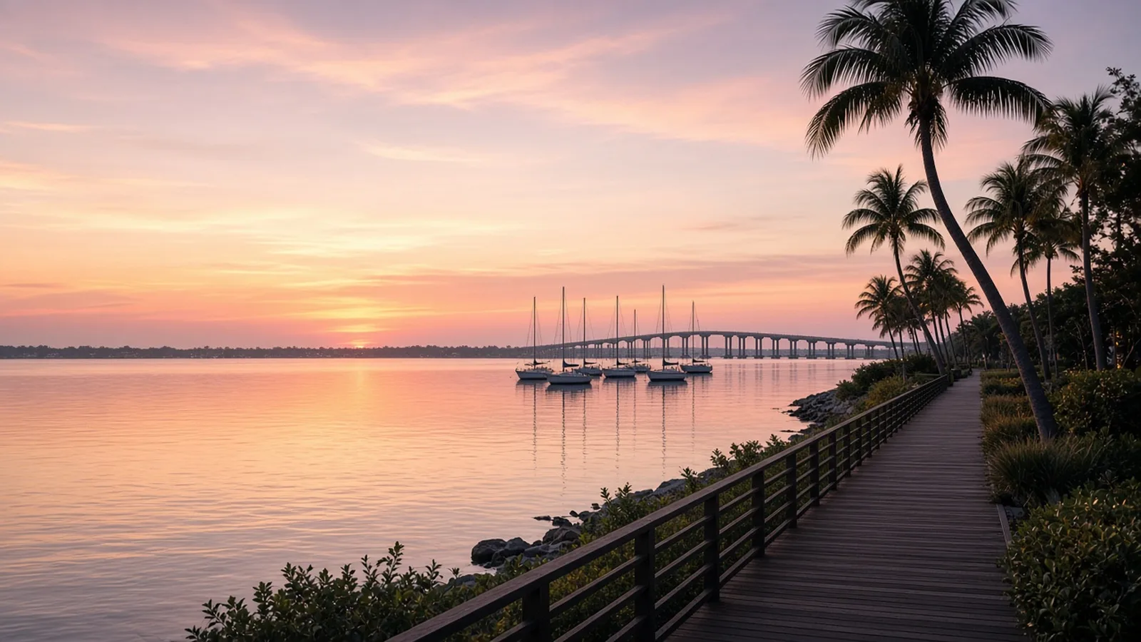 Calm Sarasota Bay sunrise with anchored sailboats, a long bridge on the horizon and palm trees along a wooden boardwalk