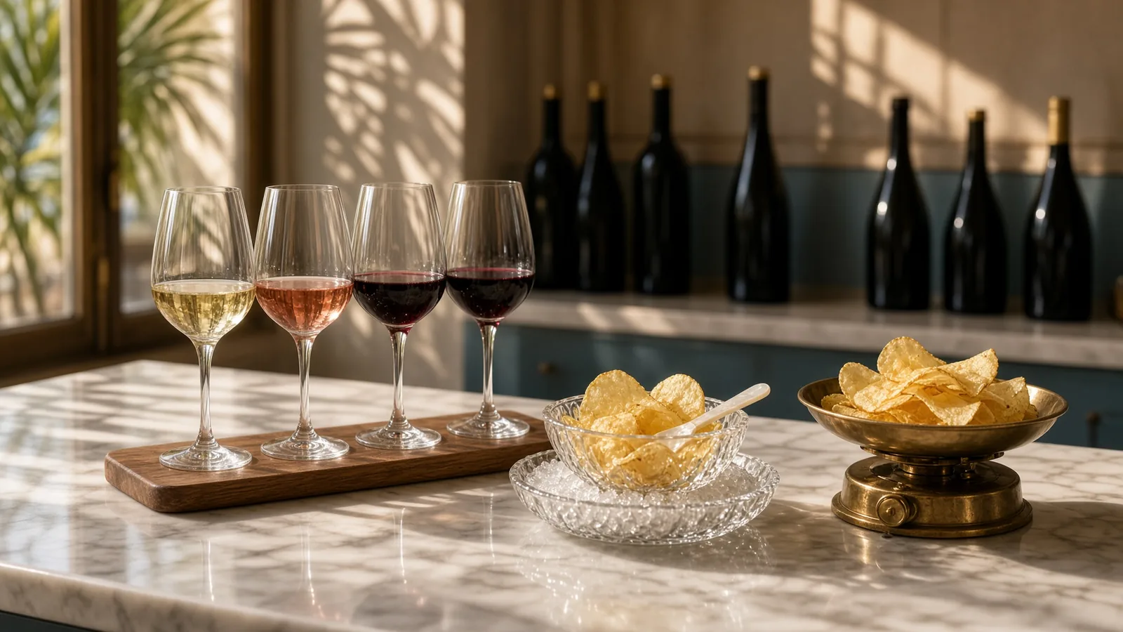 Flight of four wines on a marble counter beside potato chips served in a crystal caviar dish and on a brass scale