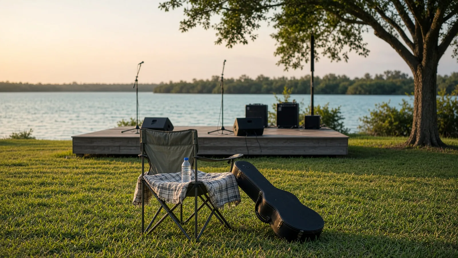 Empty folding lawn chair on bayfront grass facing a small empty stage at golden hour, guitar case propped nearby